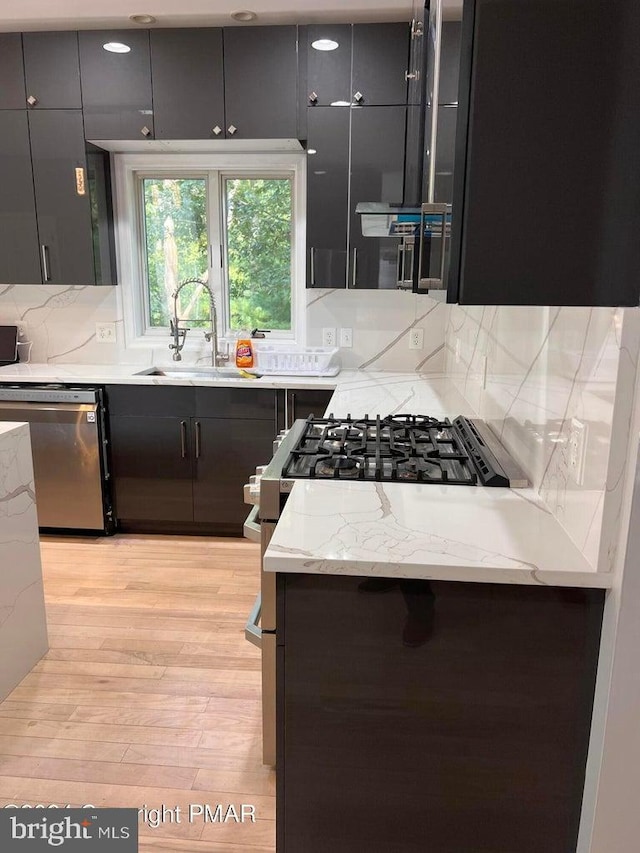 kitchen with backsplash, light hardwood / wood-style flooring, stainless steel dishwasher, and sink