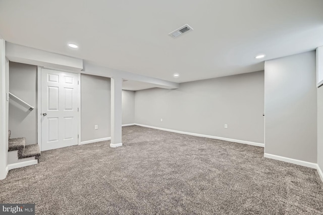 basement featuring carpet flooring