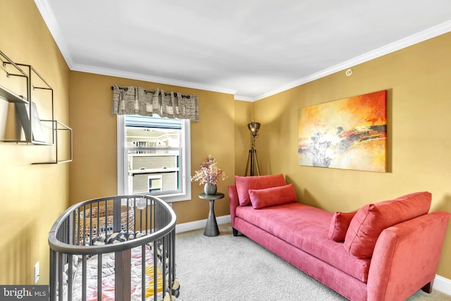 bedroom featuring crown molding and carpet