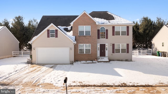 view of front facade featuring crawl space, brick siding, fence, and an attached garage