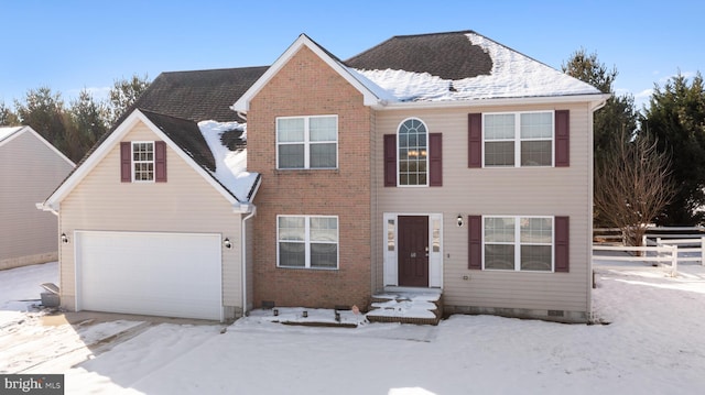 view of front of property with crawl space, brick siding, and roof with shingles