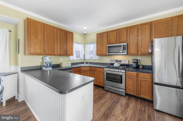 kitchen with sink, stainless steel appliances, dark hardwood / wood-style floors, kitchen peninsula, and crown molding