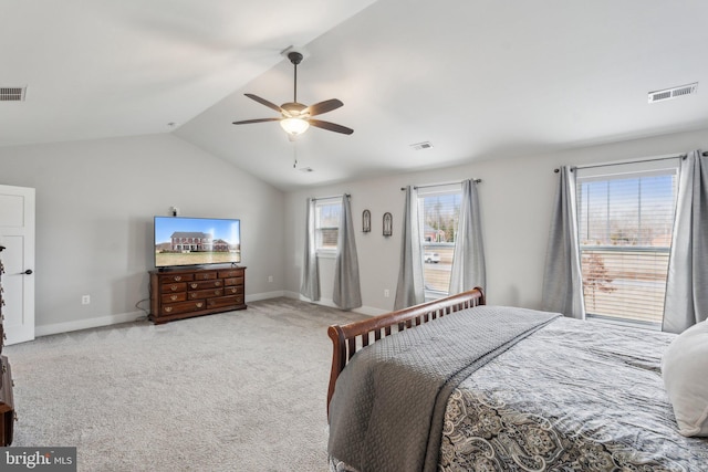 carpeted bedroom featuring ceiling fan and lofted ceiling