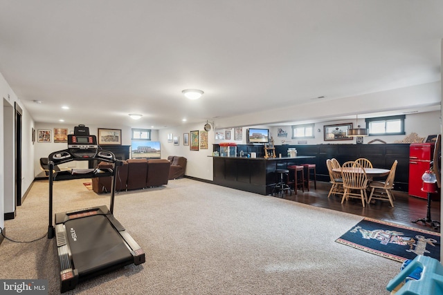 workout area with indoor bar and carpet floors