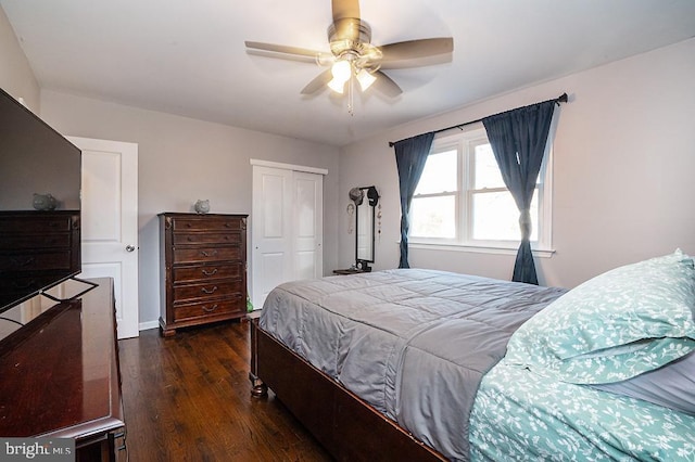 bedroom featuring dark hardwood / wood-style floors, a closet, and ceiling fan