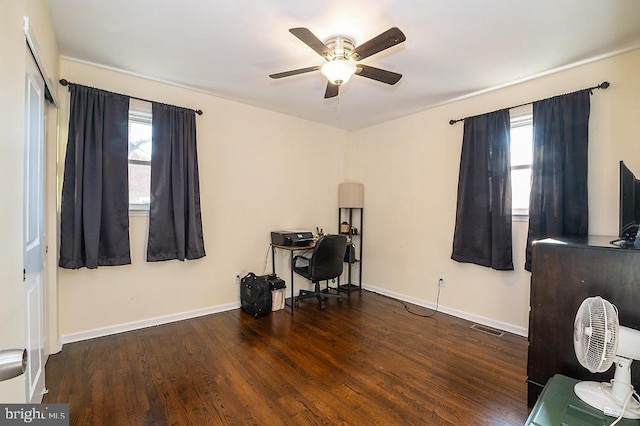 office with ceiling fan and dark hardwood / wood-style floors