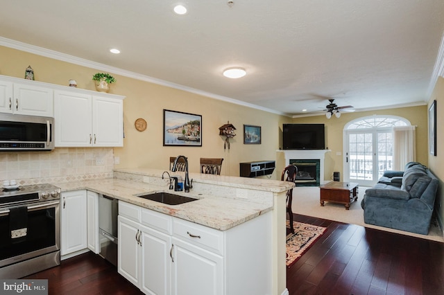 kitchen with kitchen peninsula, appliances with stainless steel finishes, white cabinetry, and sink