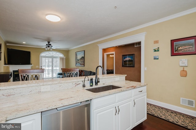 kitchen with white cabinets, dishwasher, light stone countertops, dark hardwood / wood-style floors, and sink