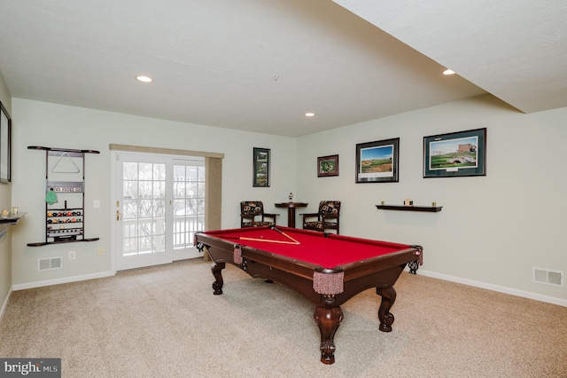 recreation room featuring pool table and light colored carpet