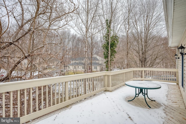 view of snow covered deck