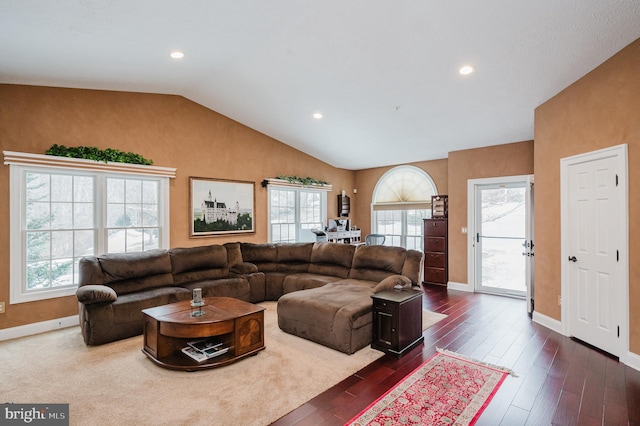 living room featuring lofted ceiling and dark wood-type flooring