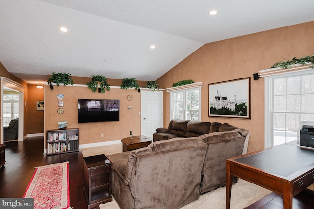 living room featuring lofted ceiling, a healthy amount of sunlight, and hardwood / wood-style flooring