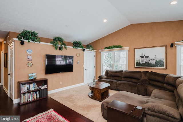 living room with vaulted ceiling and dark hardwood / wood-style floors