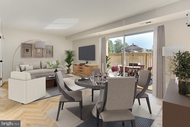 dining room featuring light parquet flooring