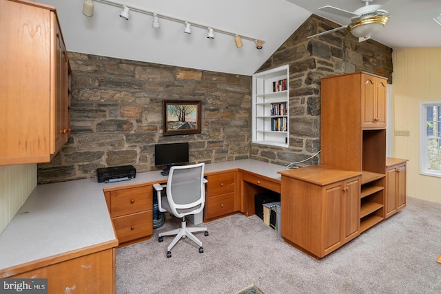 home office with light carpet, vaulted ceiling, ceiling fan, and rail lighting