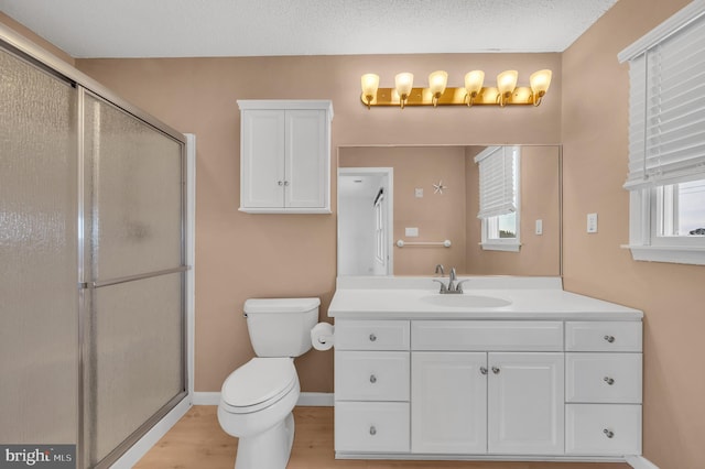 bathroom featuring a shower with shower door, a textured ceiling, toilet, and vanity