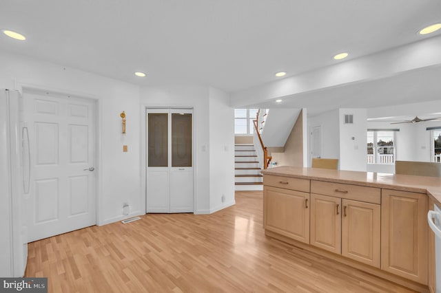 kitchen with light brown cabinets, light hardwood / wood-style floors, ceiling fan, and white fridge