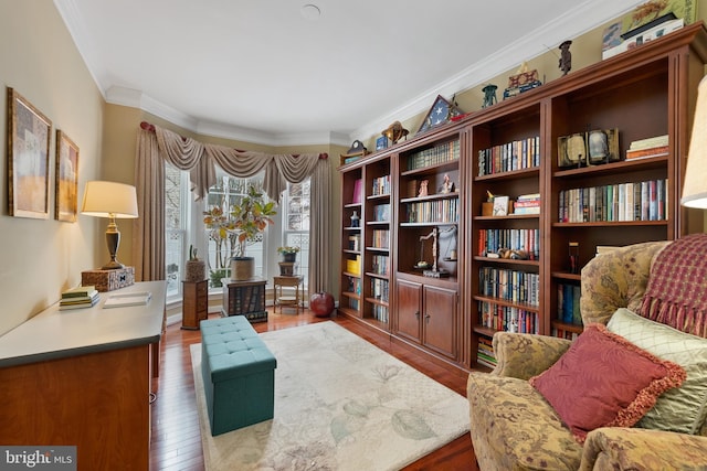 living area featuring hardwood / wood-style flooring and ornamental molding