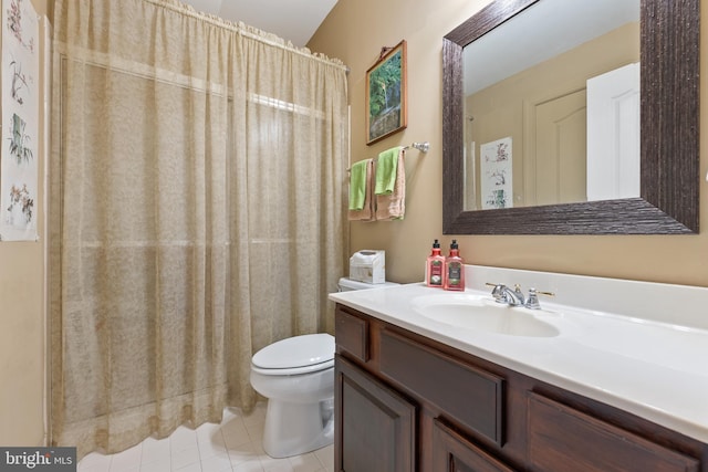 bathroom with walk in shower, tile patterned flooring, vanity, and toilet