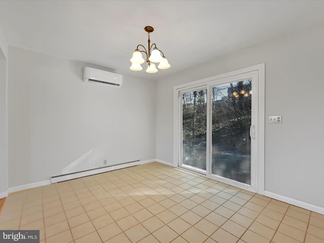 tiled empty room featuring a wall mounted AC, a baseboard radiator, and a chandelier