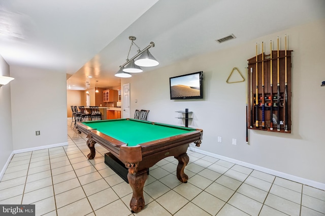 playroom featuring pool table, visible vents, baseboards, and light tile patterned floors