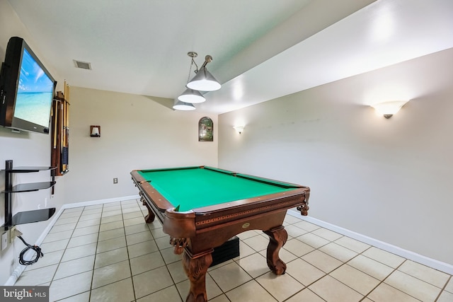 playroom featuring light tile patterned flooring, billiards, visible vents, and baseboards