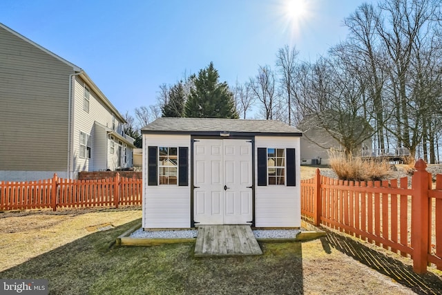 view of shed featuring a fenced backyard