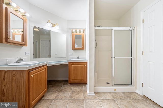 bathroom with vanity, tile patterned flooring, and an enclosed shower