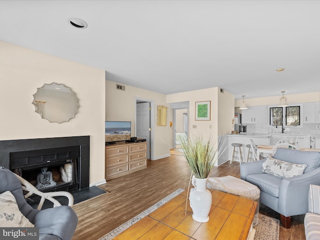 living room featuring sink and dark hardwood / wood-style flooring