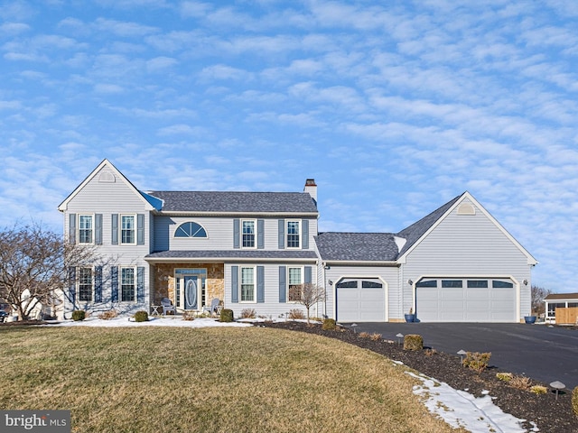 view of front facade featuring a front lawn and a garage