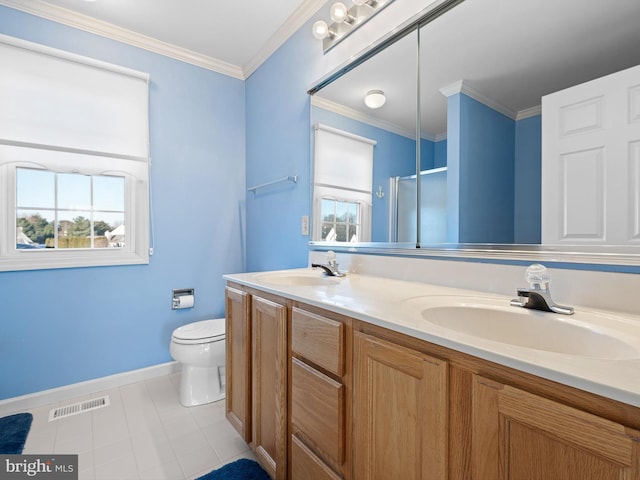 bathroom featuring toilet, an enclosed shower, ornamental molding, and vanity