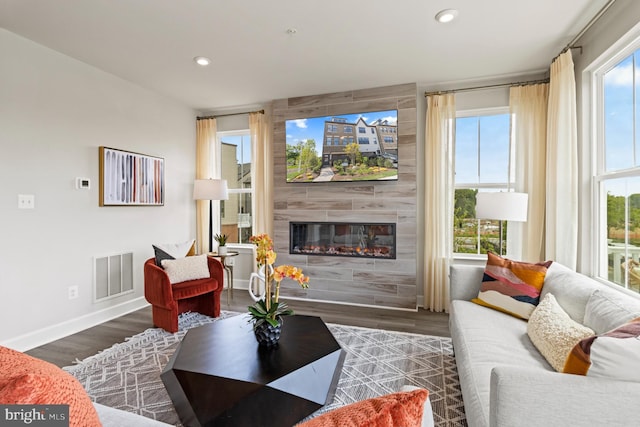 living room with a wealth of natural light, a fireplace, and dark hardwood / wood-style floors