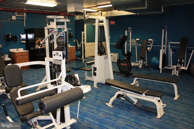 gym featuring dark colored carpet