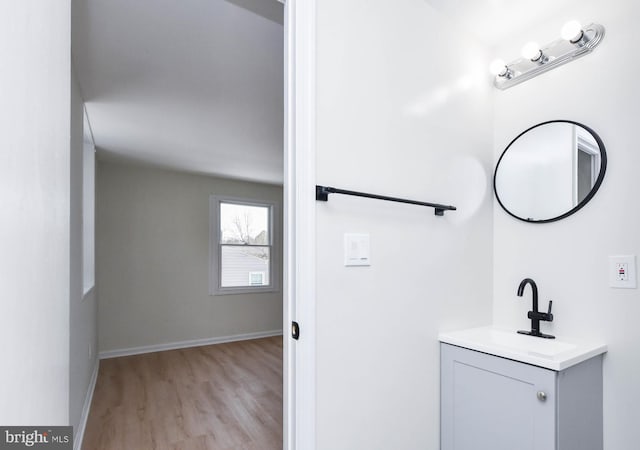 bathroom with hardwood / wood-style flooring and vanity