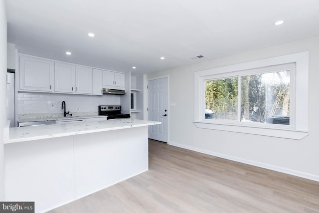 kitchen featuring stainless steel range with electric cooktop, ventilation hood, tasteful backsplash, light stone counters, and white cabinetry