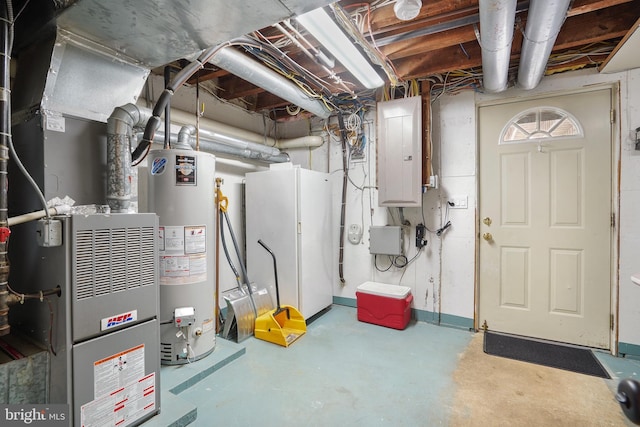 utility room with electric panel, gas water heater, and heating unit