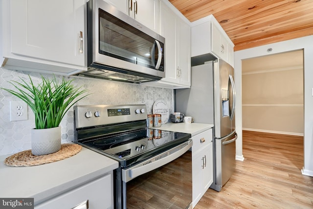 kitchen with stainless steel appliances, tasteful backsplash, light wood-type flooring, white cabinetry, and wooden ceiling