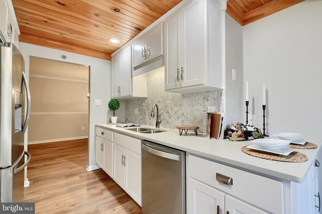 kitchen featuring stainless steel appliances, white cabinetry, wooden ceiling, and sink