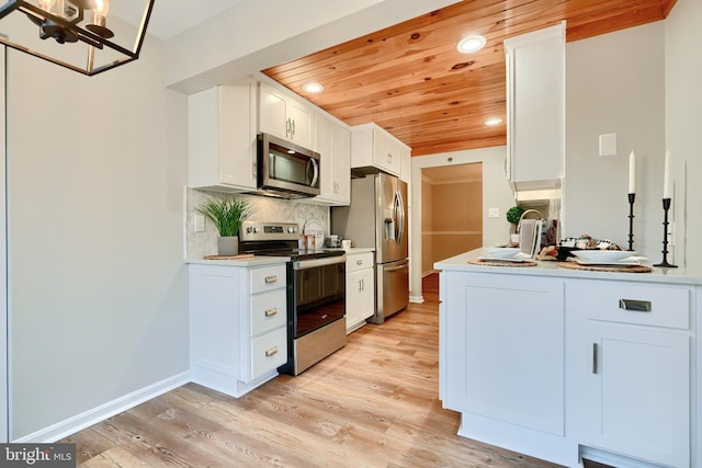 kitchen featuring wooden ceiling, a chandelier, appliances with stainless steel finishes, white cabinets, and tasteful backsplash