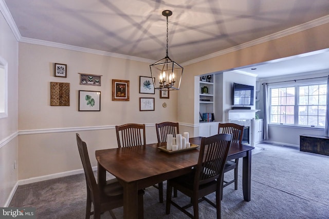 carpeted dining room featuring an inviting chandelier and ornamental molding