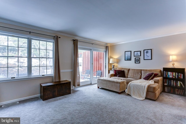 carpeted living room featuring crown molding