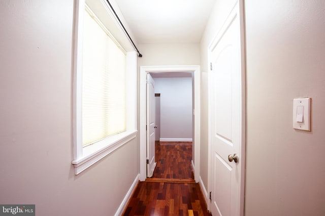 hallway with dark hardwood / wood-style flooring