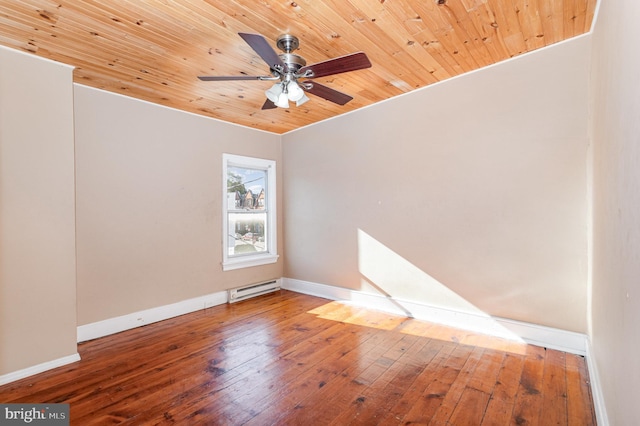 empty room featuring a baseboard heating unit, hardwood / wood-style flooring, ceiling fan, and wooden ceiling