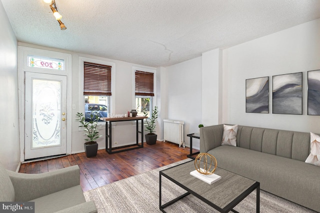 living room featuring radiator heating unit, a textured ceiling, and dark hardwood / wood-style floors