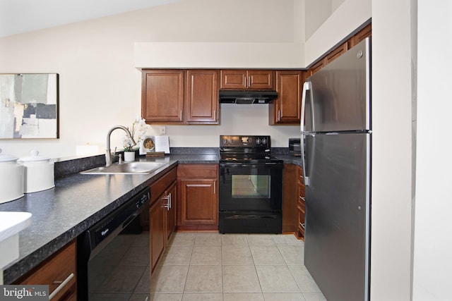 kitchen with light tile patterned floors, sink, and black appliances