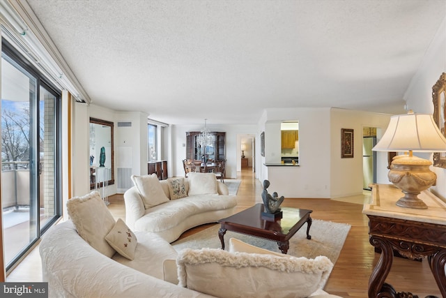 living room featuring light wood-type flooring and a textured ceiling