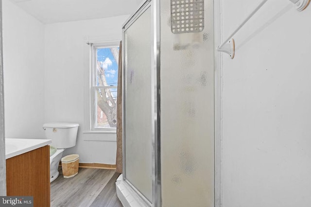 bathroom with hardwood / wood-style floors, an enclosed shower, plenty of natural light, and vanity