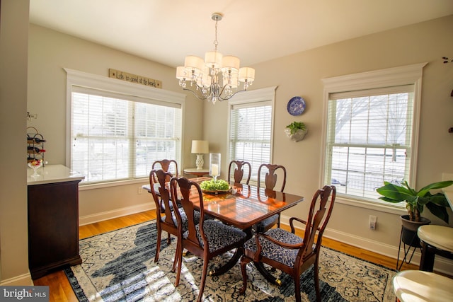 dining space featuring a healthy amount of sunlight, a chandelier, and wood-type flooring