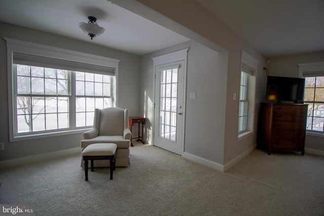 sitting room featuring light carpet