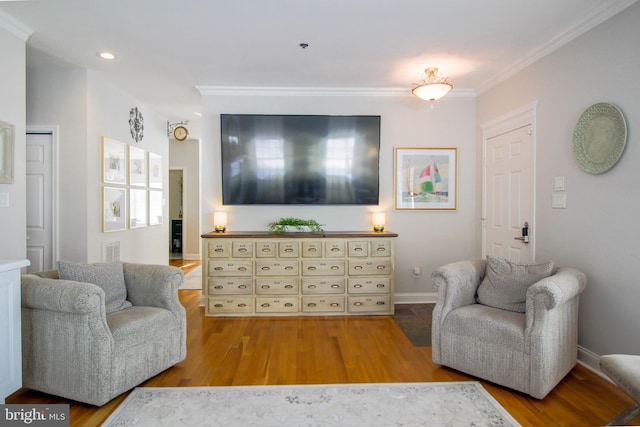 living room featuring wood-type flooring and ornamental molding